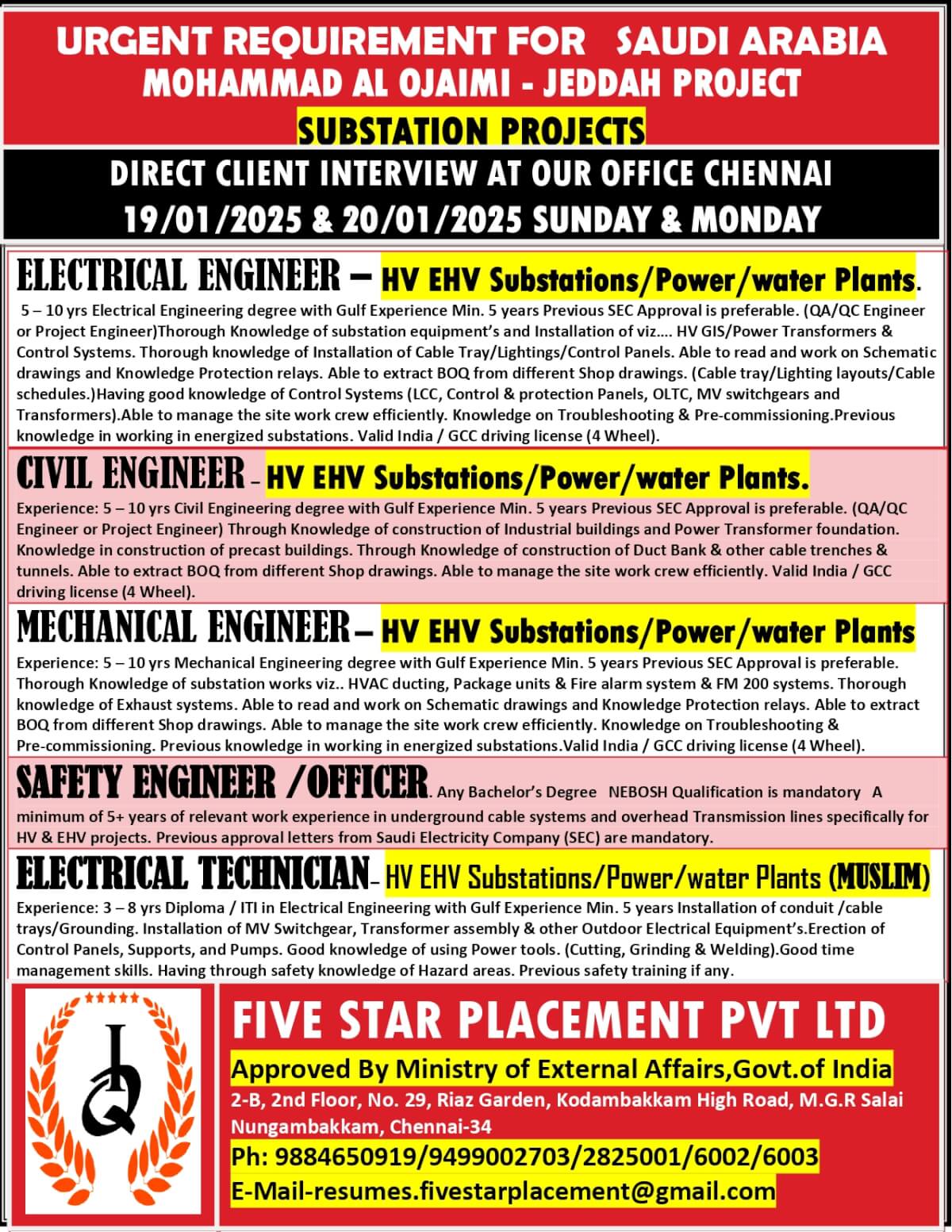 DIRECT CLIENT INTERVIEW AT OUR OFFICE CHENNAI 19/01/2025 & 20/01/2025 SUNDAY & MONDAY