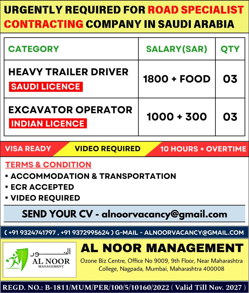 URGENTLY REQUIRED FOR ROAD SPECIALIST CONTRACTING COMPANY IN SAUDI ARABIA