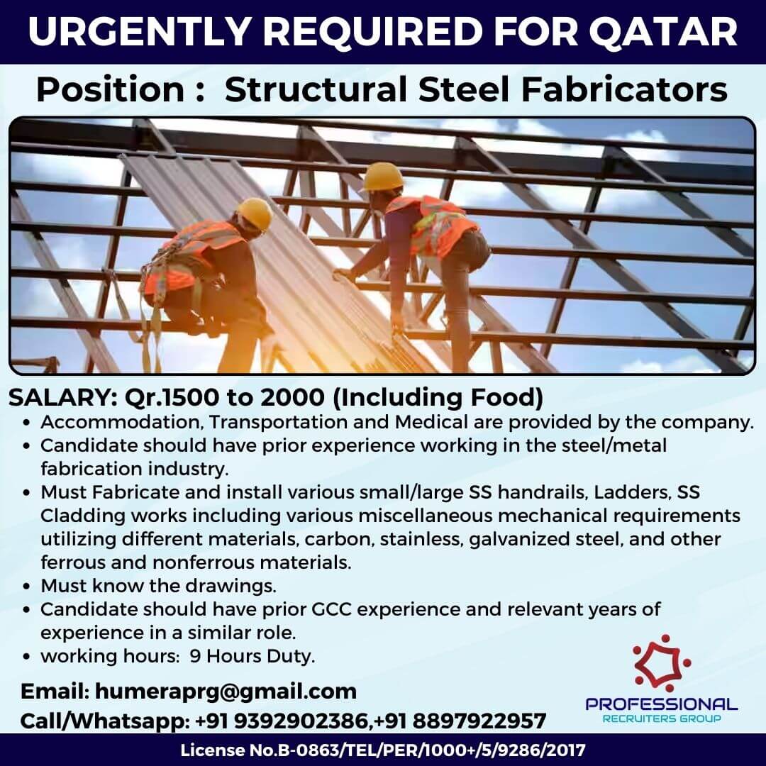 We are hiring Structural Steel Fabricators for Qatar