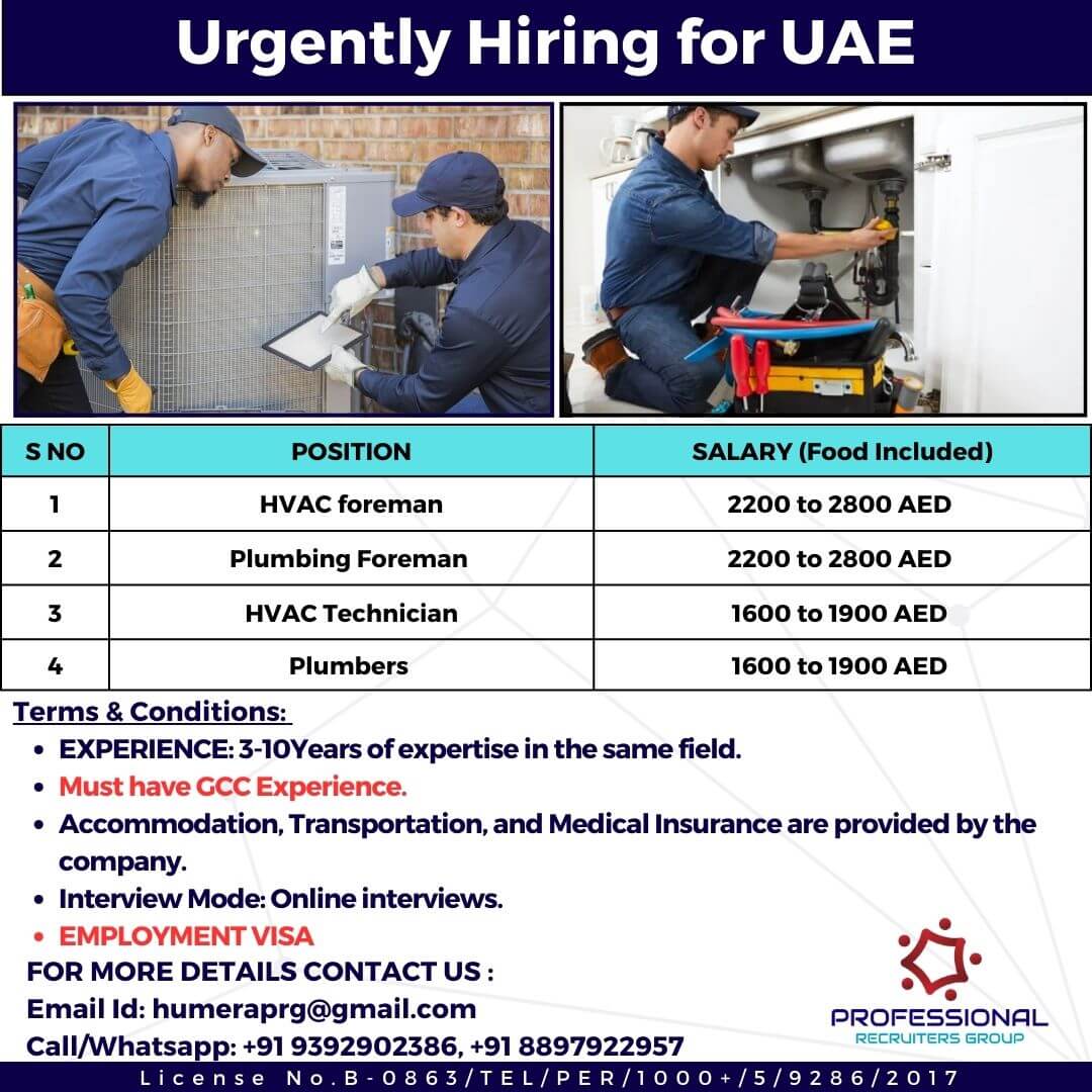 Hiring for HVAC & PLUMBING Professionals for leading Operations & Maintenace company in UAE