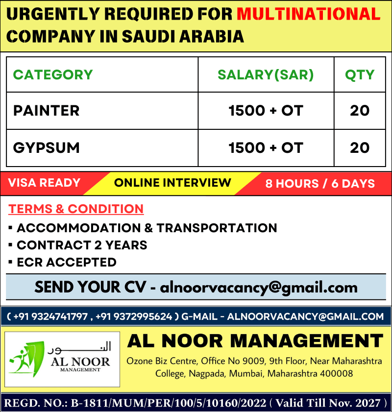 URGENTLY REQUIRED FOR MULTINATIONAL COMPANY IN SAUDI ARABIA