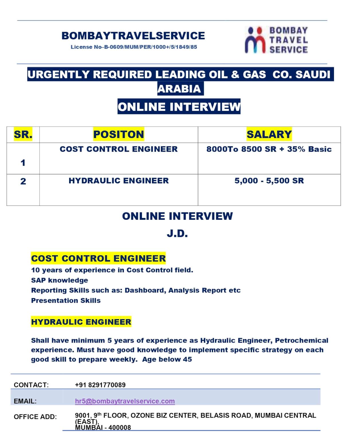 Urgently Hiring Hydraulic Engineer For Saudi Arabia ( ICMS Co)