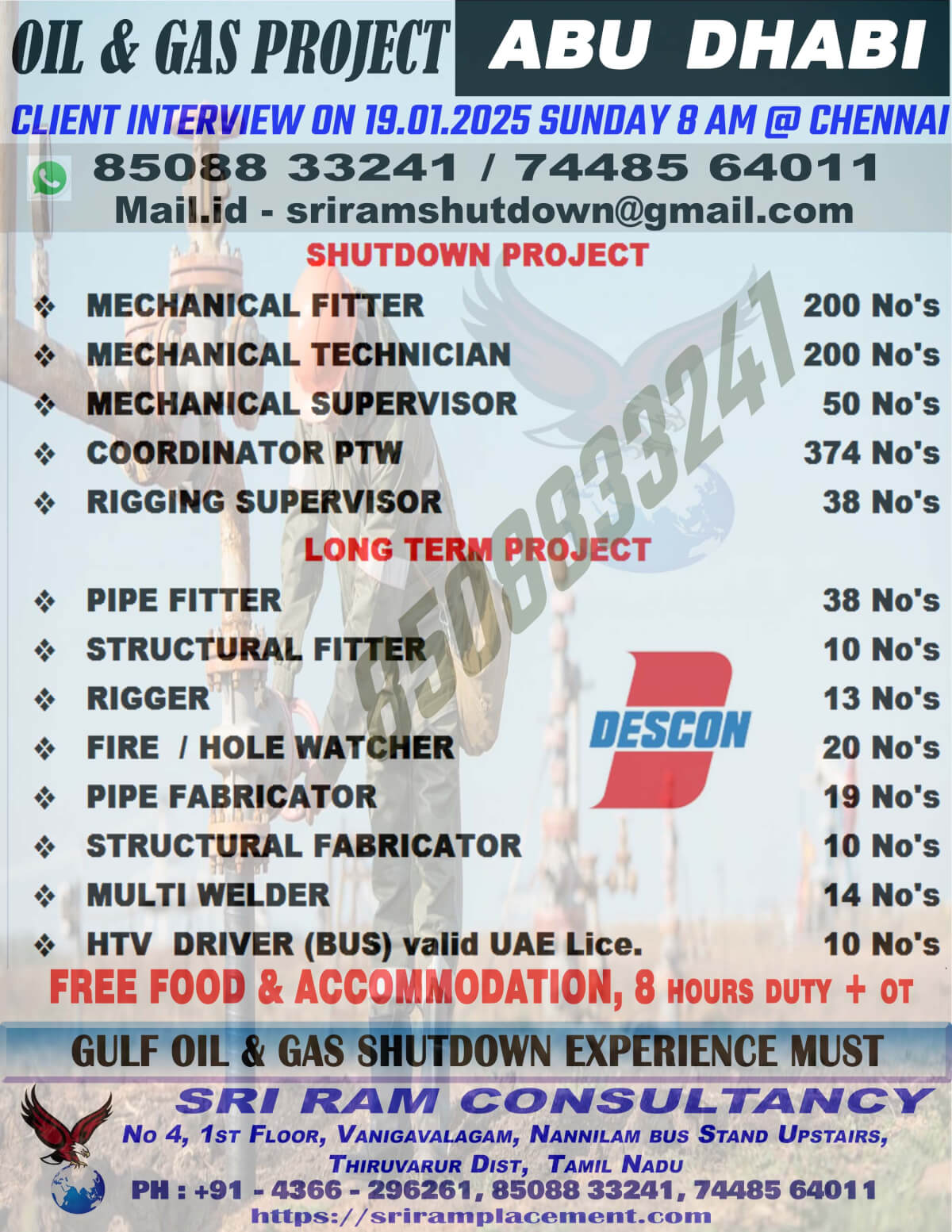 Urgent  Requirement For ABU DHABI, DESCON  OIL & GAS SHIUTDOWN  & LONG TERM Project. Apply: sriramshutdown@gmail.com , https://whatsapp.com/channel/0029VaGCAbBJ93wTllBRDs3F