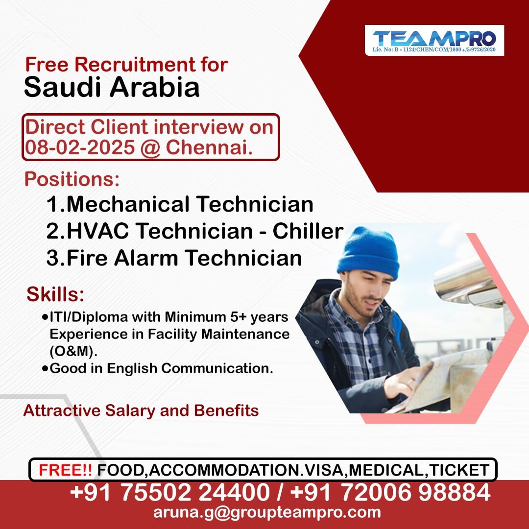 Free Recruitment For Saudi Arabia, Direct Client Interview On 08-02-2025 @ Chennai