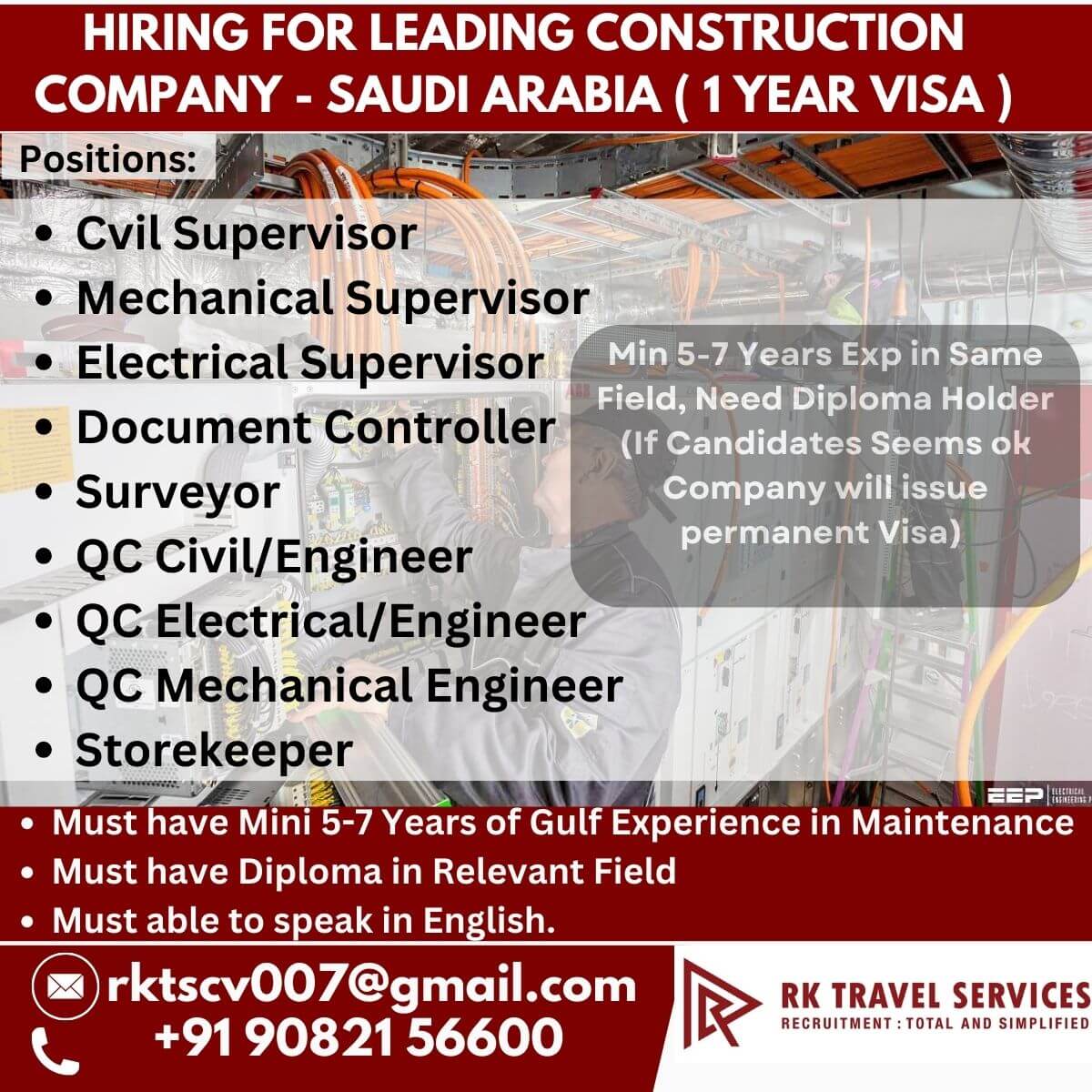 Hiring for Leading Construction Company - Saudi Arabia ( 1 Year Visa )