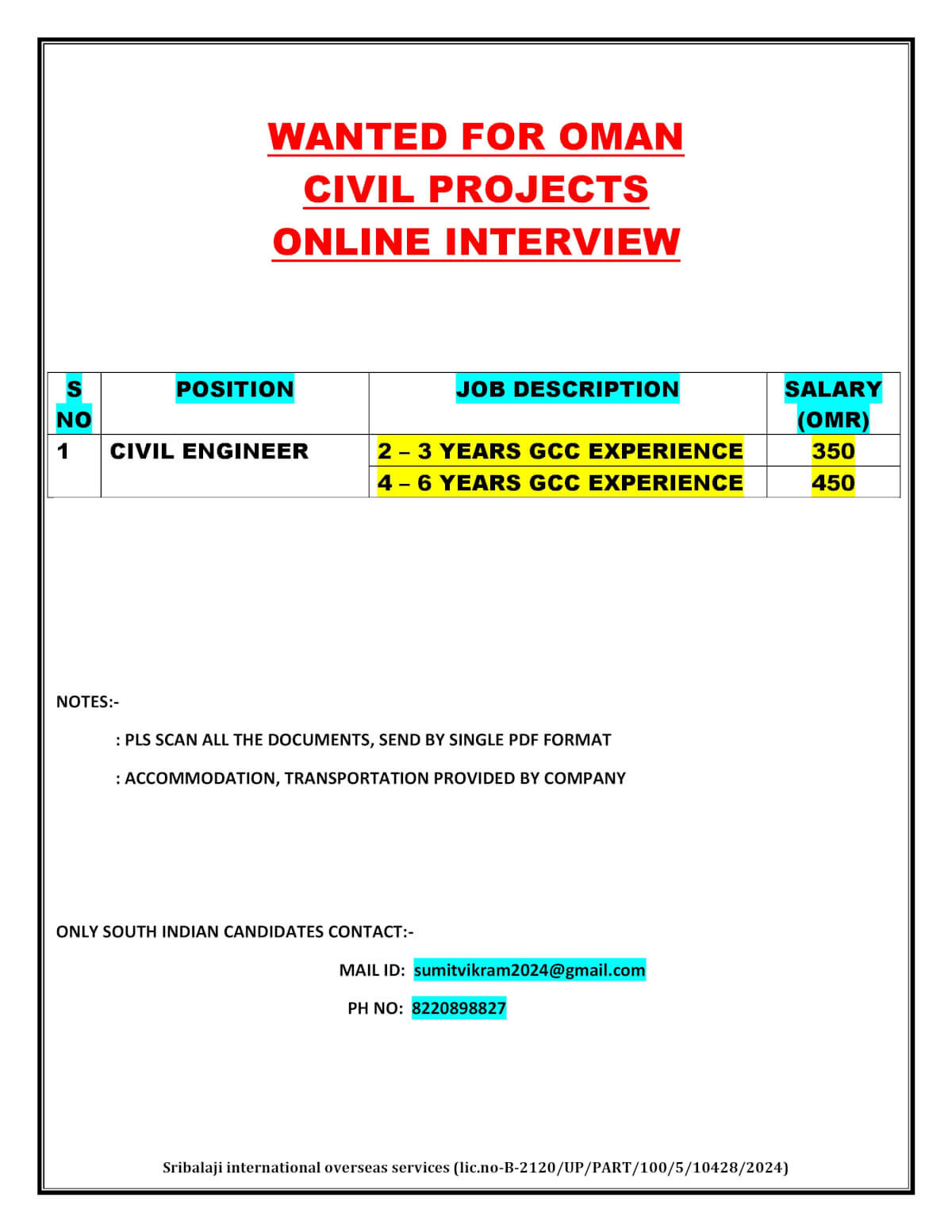 WANTED FOR OMAN CIVIL PROJECTS ONLINE INTERVIEW