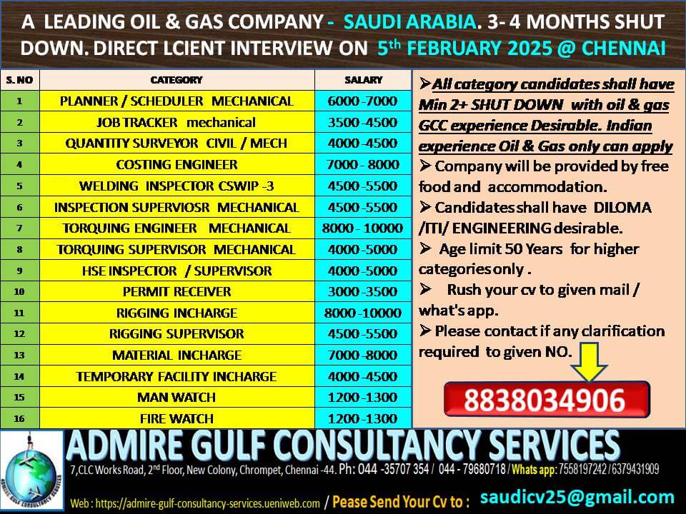 A  LEADING OIL & GAS COMPANY - SAUDI ARABIA 3-4 MONTHS SHUT DOWN . DIRECT CLIENT INTERVIEW ON 5th FEBRUARY 2025 @ CHENNAI