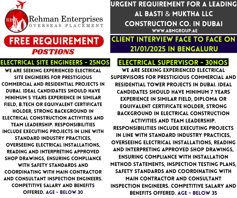 URGENT REQUIREMENT FOR A LEADING CONSTRUCTION COMPANY AL BASTI & MUKTHA LLC IN DUBAI