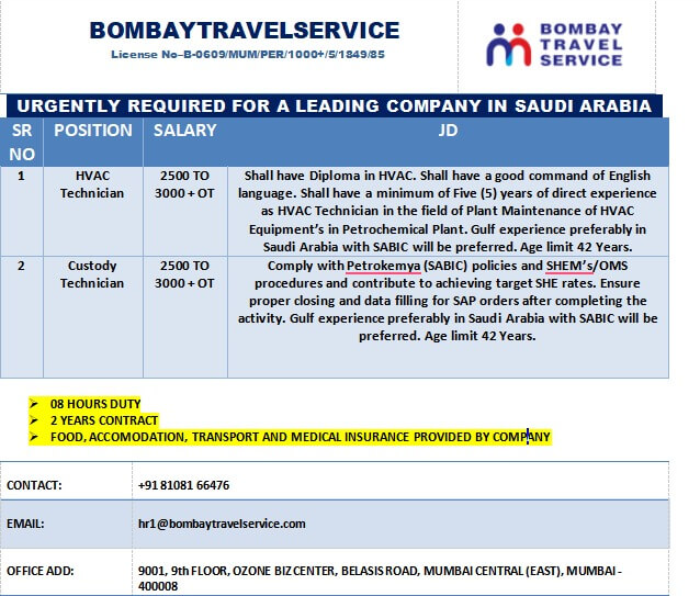 Urgently Hiring Custody Technician For Saudi Arabia - ICMS CO