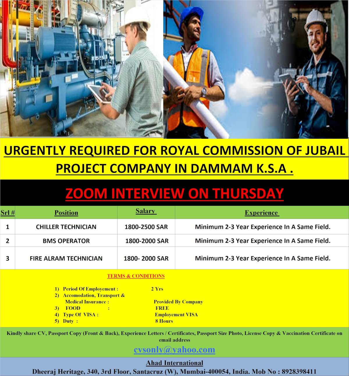 URGENTLY REQUIRED FOR ROYAL COMMISSION PROJECT IN DAMMAM K.S.A.