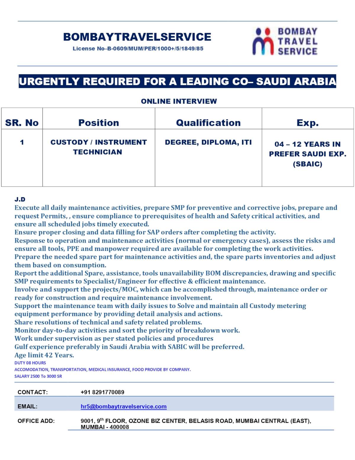 Urgently Hiring CUSTODY INSTRUMENT TECHNICIAN FOR SAUDI ARABIA