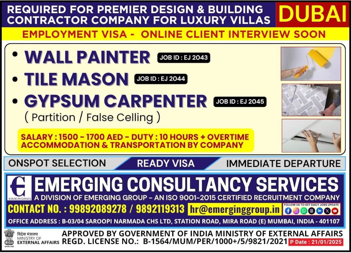 Urgently Required For Premier Design & Building Contractor Company For Luxury Villas In Dubai - Employment Visa