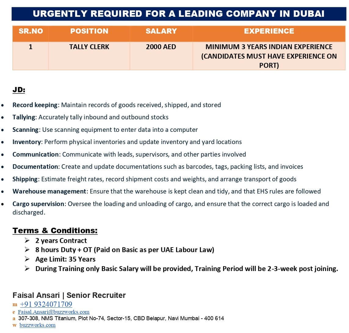 URGENTLY REQUIRED FOR ABU DHABI PORT