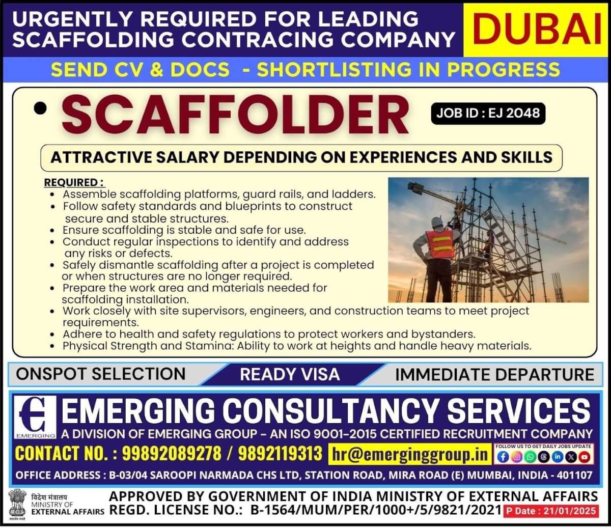 Urgently Required For Leading Scaffolding Contracting Company in Dubai - Shortlisting in Progress