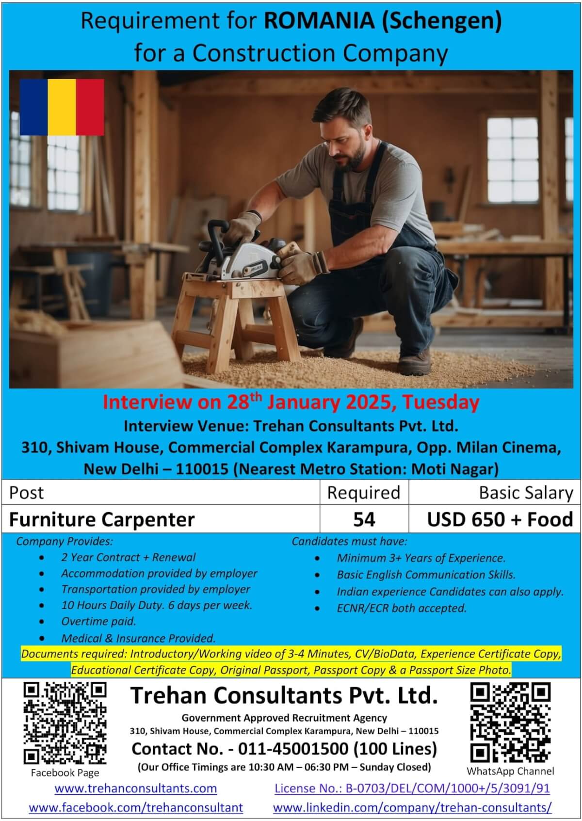 Furniture Carpenters required for ROMANIA (Schengen) for a Construction Company - Interview Date 28 January 2025