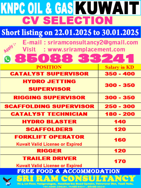 Urgent Requirement For KUWAIT, KNPC MAB, Oil & Gas  long term Project, CV SELECTION.  Apply:  sriramconsultancy2@gmail.com / visit https://whatsapp.com/channel/0029VaGCAbBJ93wTllBRDs3F