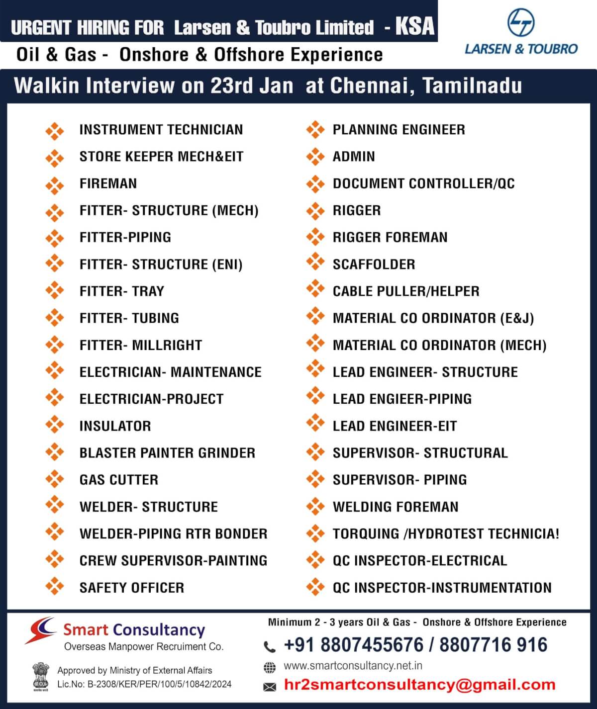 WE ARE HIRING FOR LARSEN&TOUBRO LIMITED - KSA WALKING INTERVIEW ON 23RD JAN AT CHENNAI ,TAMILNADU