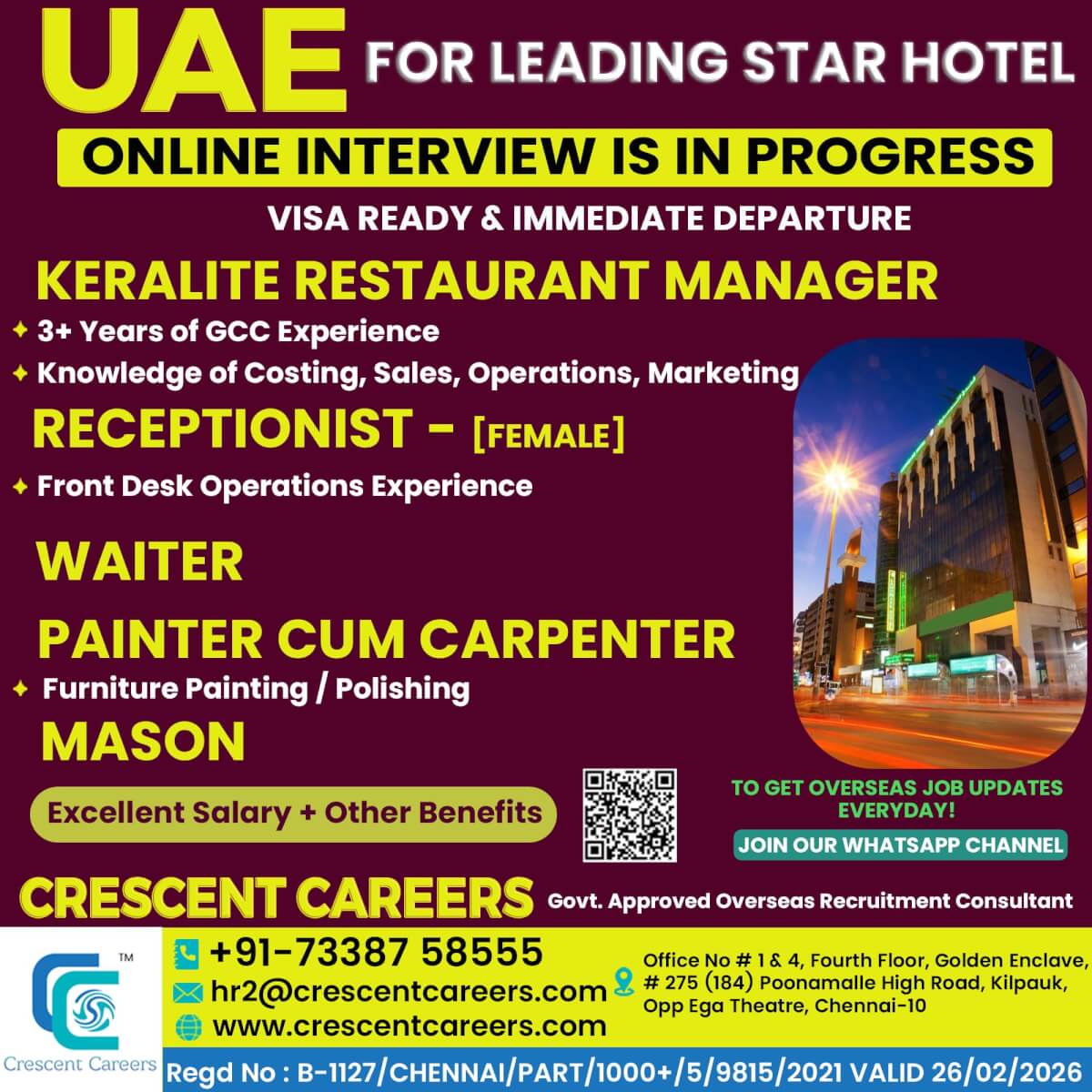 KERALITE RESTAURANT MANAGER / RECEPTIONIST / WAITER / PAINTER CUM CARPENTER / MASON