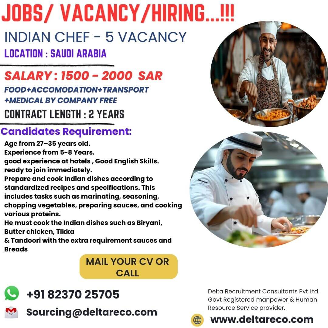 Hiring Indian Chef  and Cook for Saudi Arabia