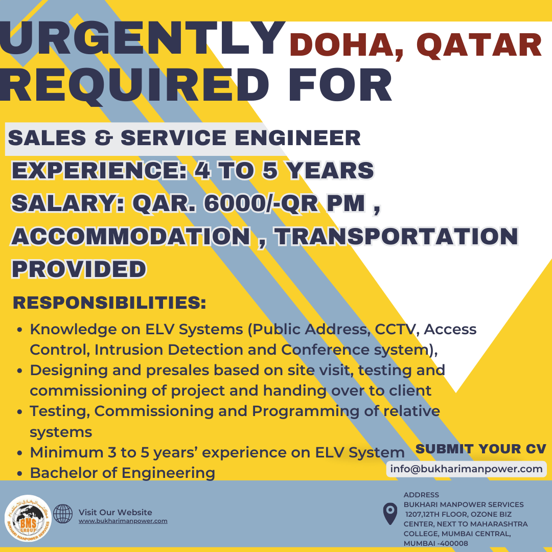 URGENTLY REQUIRED FOR SALES & SERVICES ENGINEER IN DOHA, QATAR