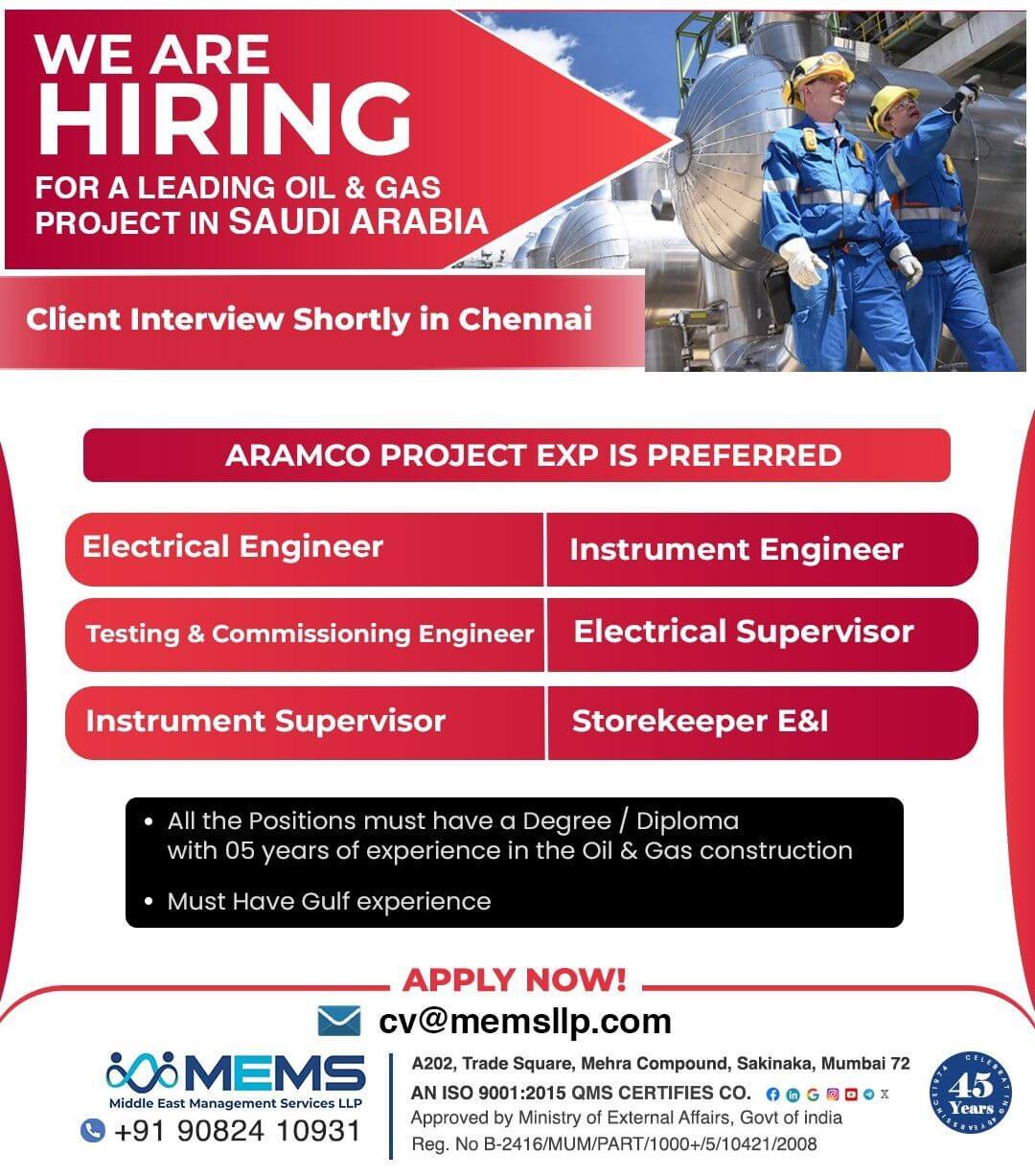 We Are Hiring for a Leading Oil & Gas Project in Saudi Arabia