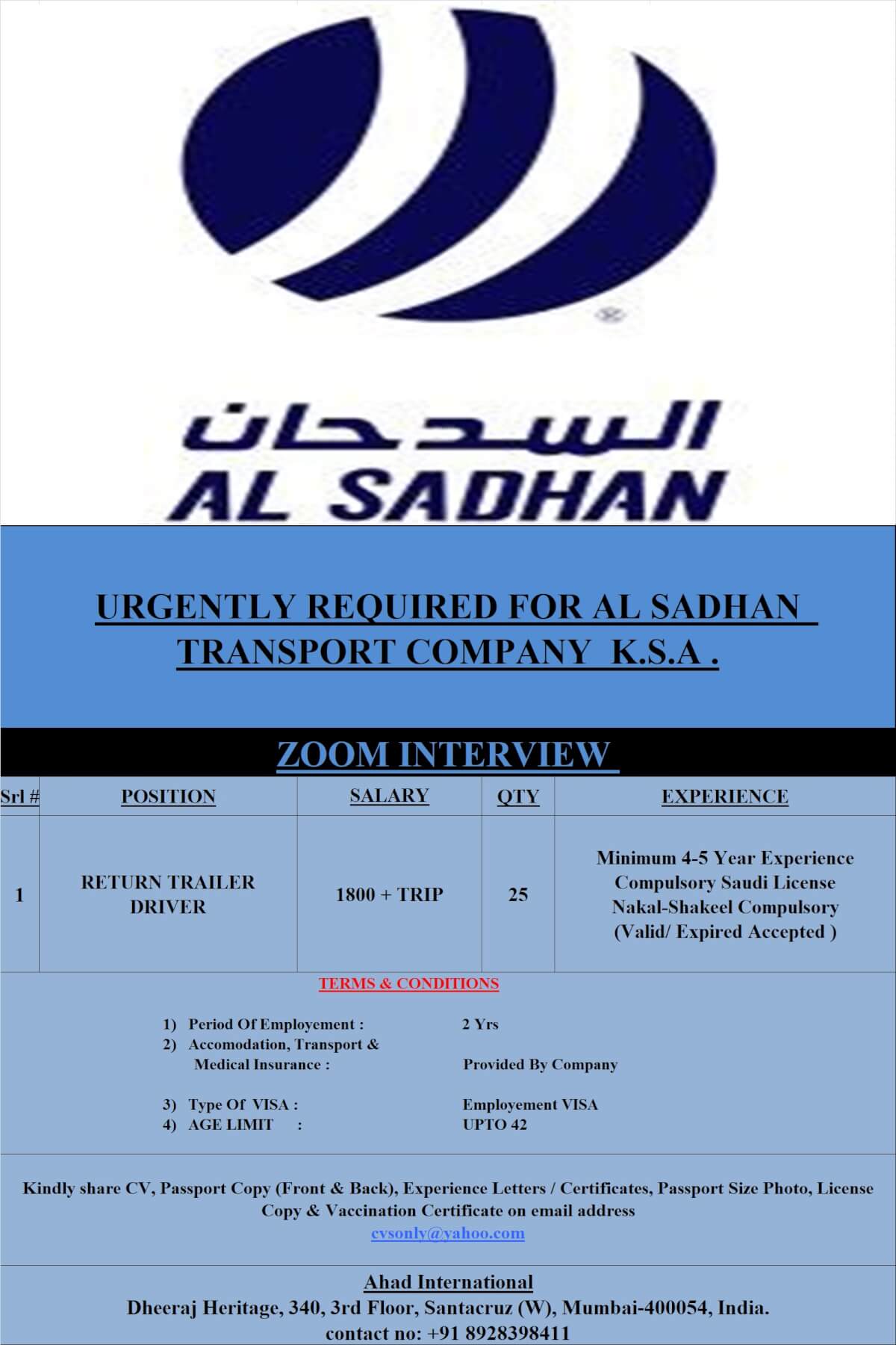 URGENTLY REQUIRED FOR AL SADHAN COMPANY K.S.A