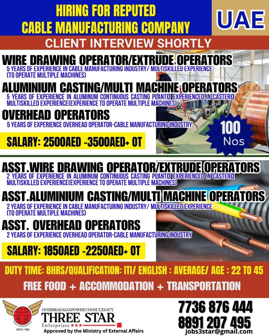 URGENT Hiring for Reputed Cable Manufacturing Company IN UAE