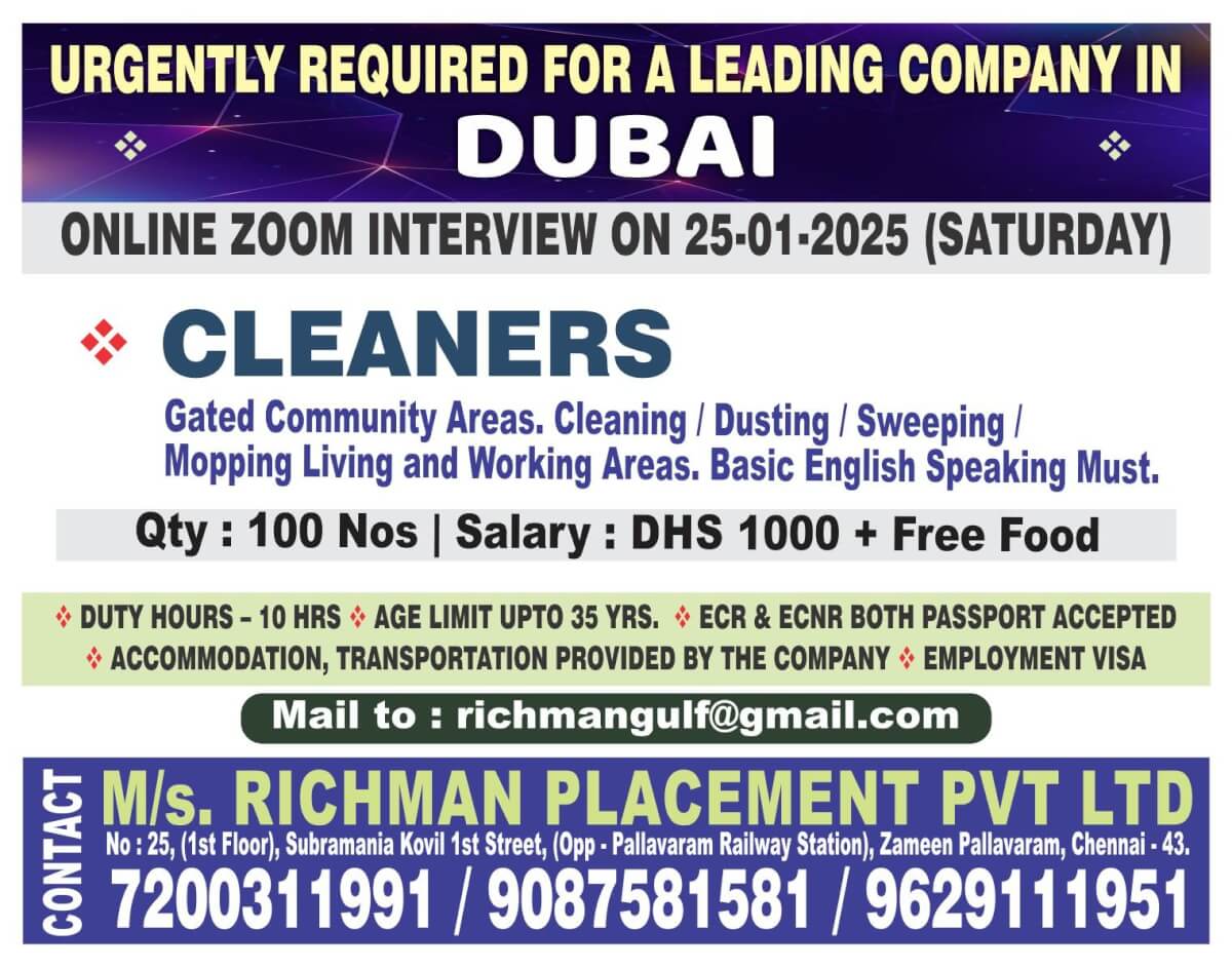 ZOOM INTERVIEW ON 25-01-2025 (SATURDAY) FOR A LEADING COMPANY IN DUBAI