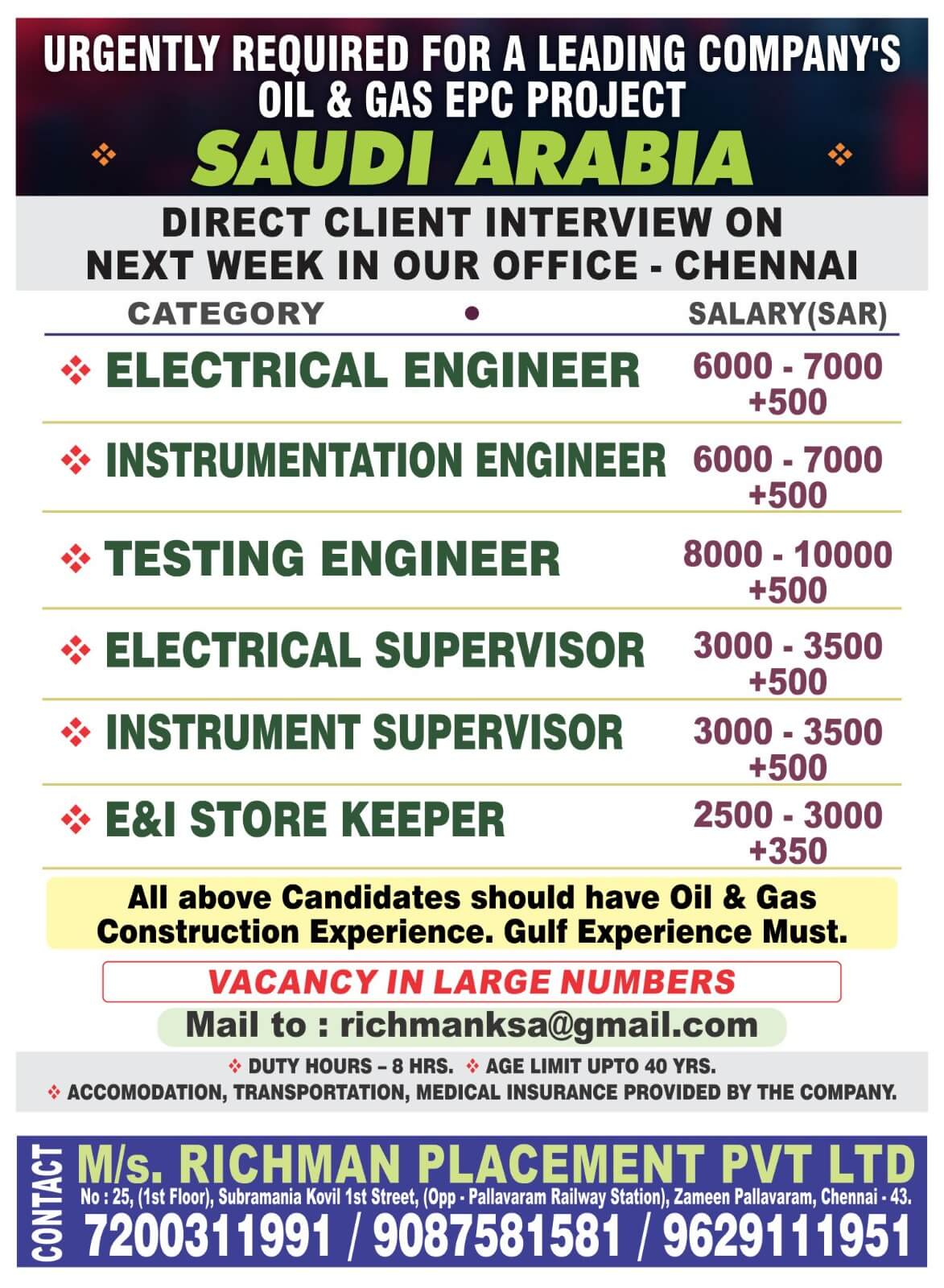 DIRECT CLIENT INTERVIEW NEXT WEEK IN CHENNAI FOR SAUDI ARABIA