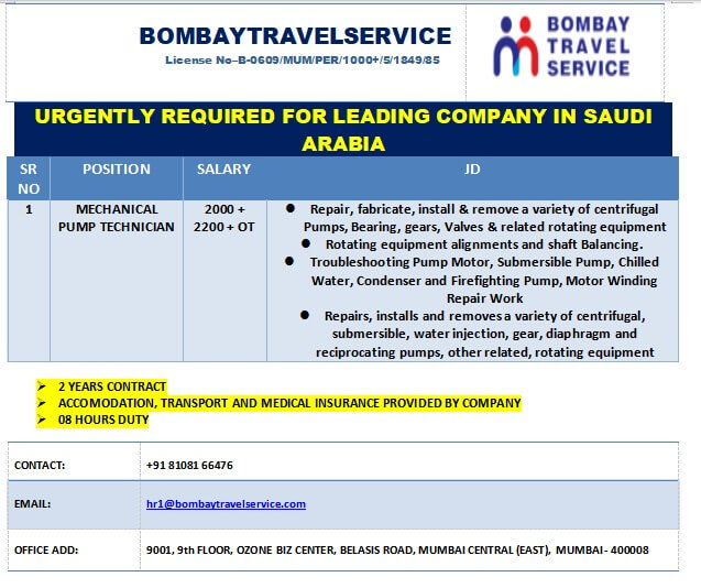 Urgently Hiring Pump Technician For Saudi Arabia