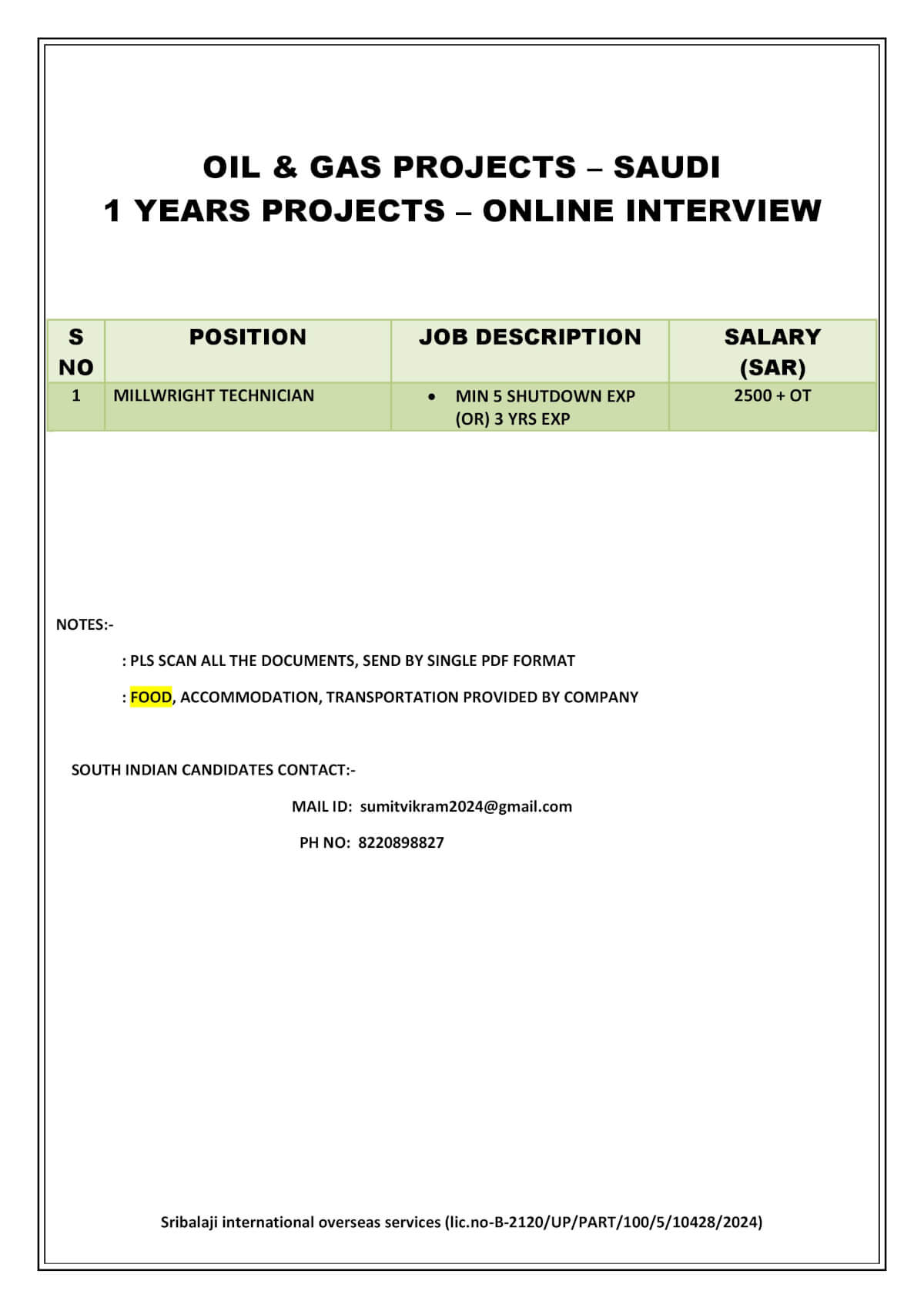 OIL & GAS PROJECTS – SAUDI 1 YEARS PROJECTS – ONLINE INTERVIEW