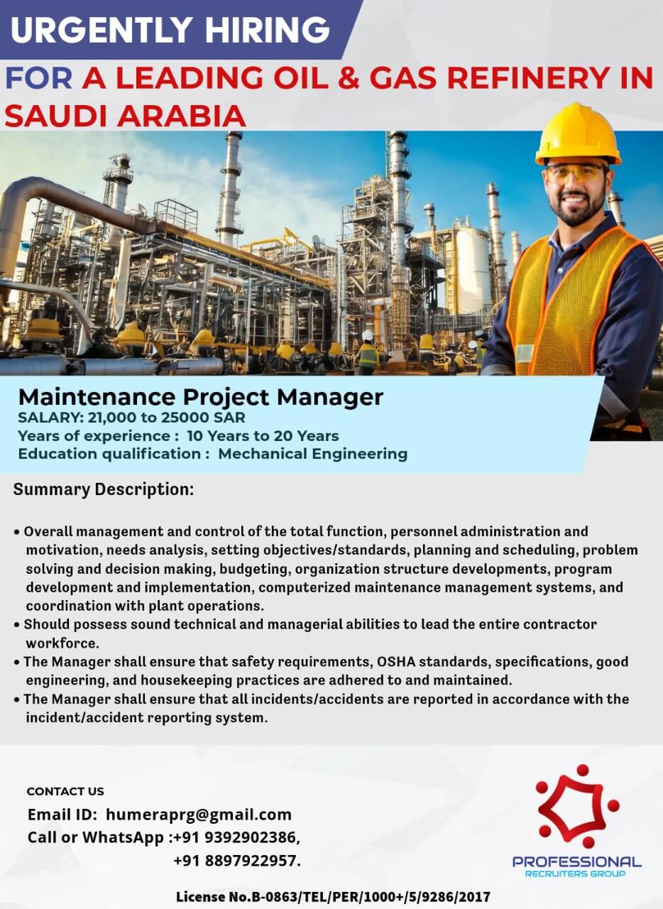 Urgently Required a Maintenance Project Manager for a Japanese Oil & gas Refinery - Saudi Arabia