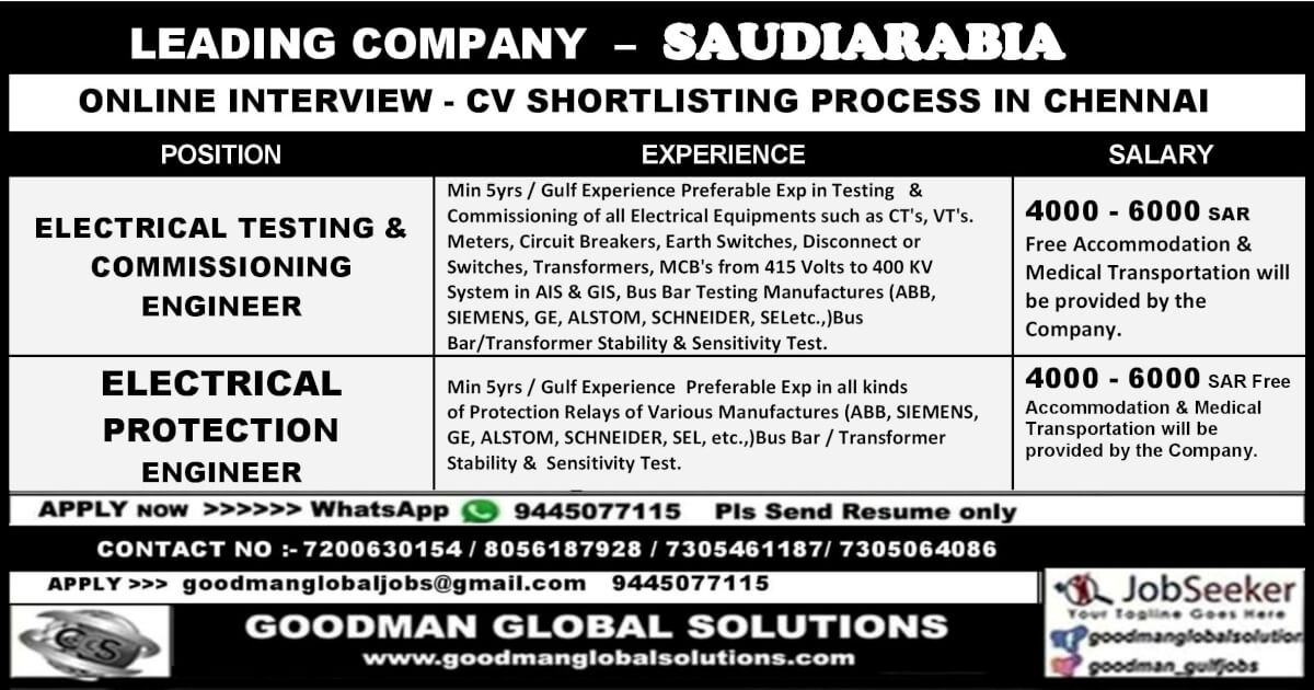 LEADING COMPANY –  SAUDIARABIA ONLINE INTERVIEW – CV SHORTLISTING PROCESS IN CHENNAI