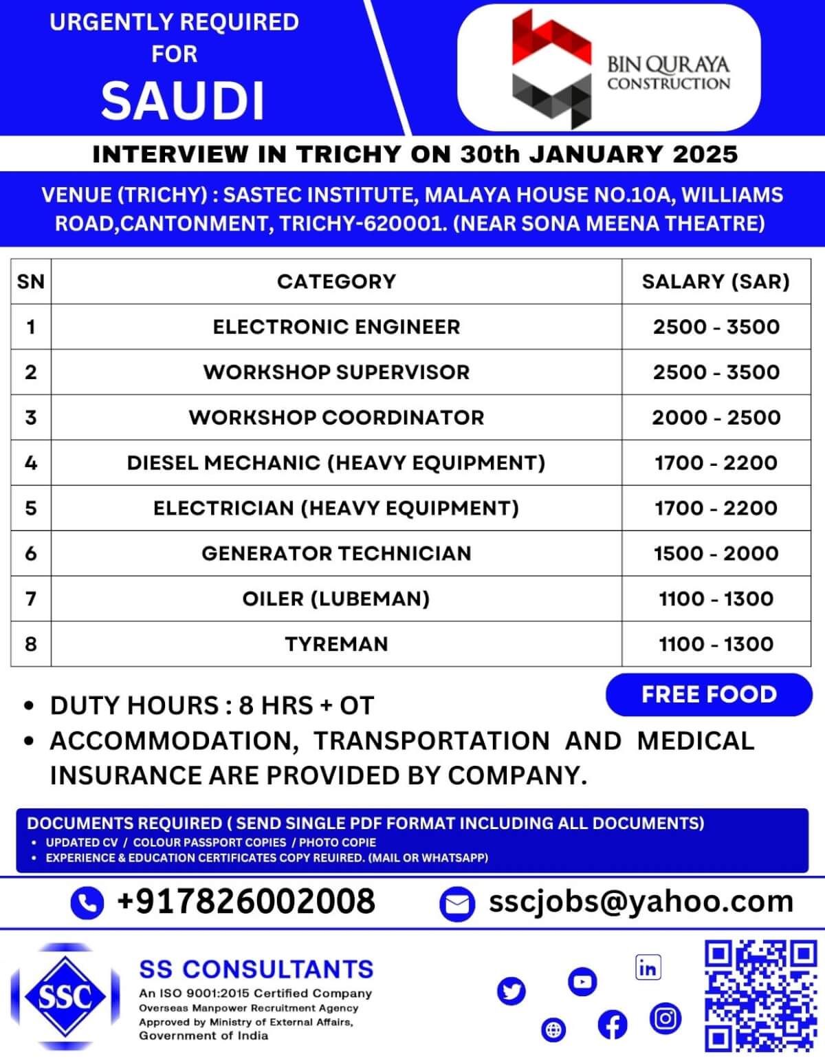 Urgent Job Openings in Saudi Arabia - Interviews on 30th January 2025 in Trichy