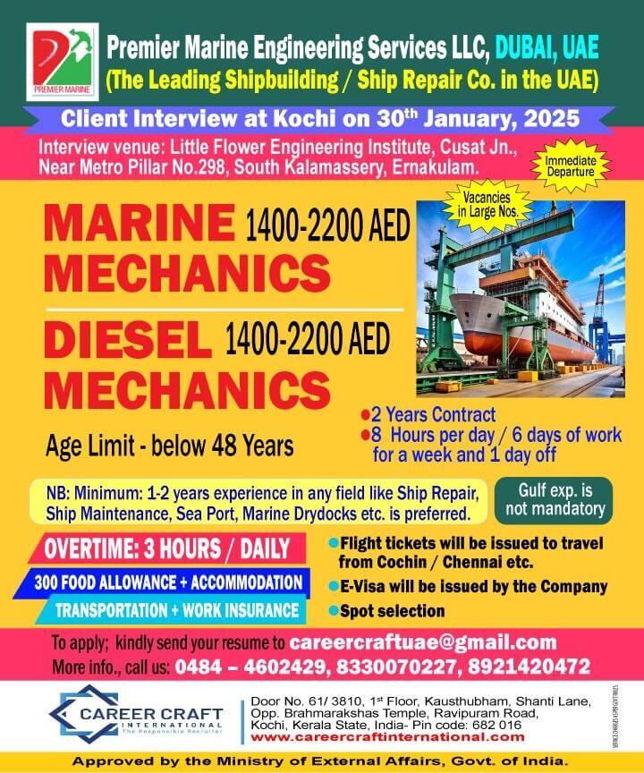 Direct Client Interview at Kochi on 30th January, 2025 for PREMIER MARINE, DUBAI -