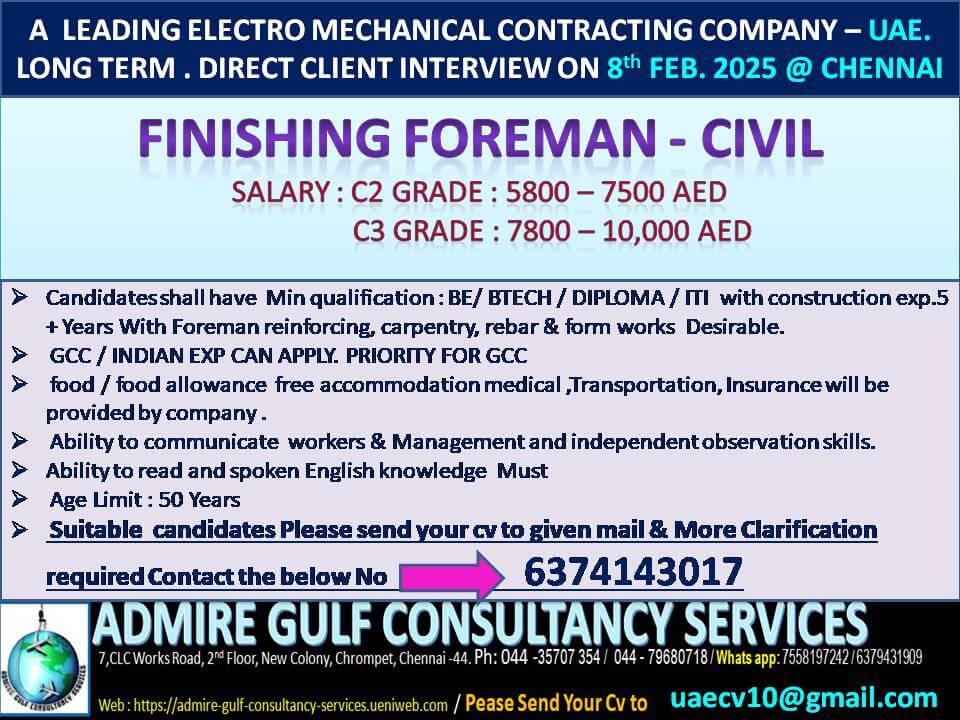 A  LEADING ELELCTRO MECHANNICAL CONTRACTING CONSTRUCTION COMPANY -UAE -LONG TERM . DIRECT CLIENT INETRVIEW ON 8th FEBRUARY 2025@ CHENNAI