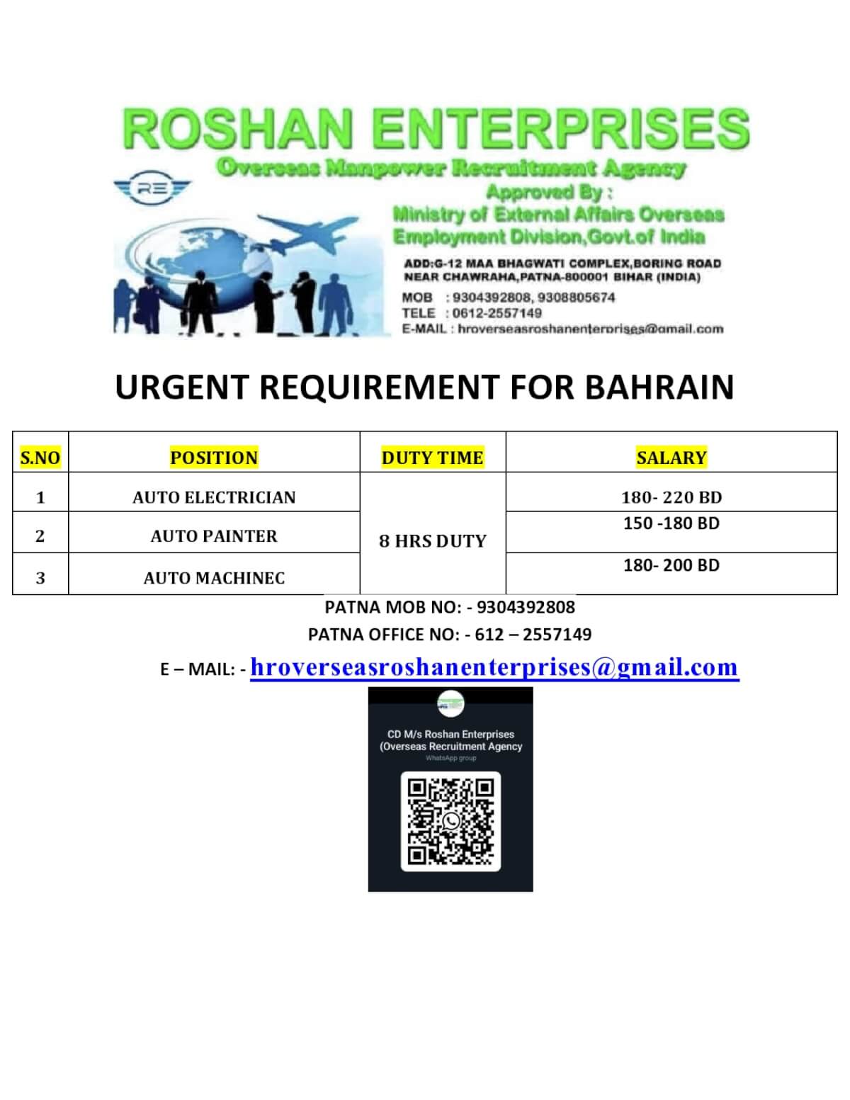 URGENT REQUIREMENT FOR BAHRAIN