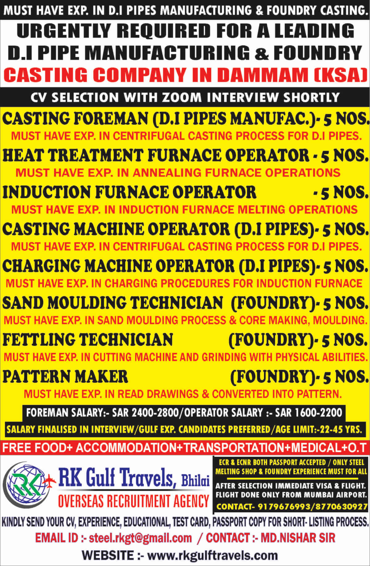 URGENTLY REQUIRED FOR AMIANTIT COMPANY – SAUDI ARABIA.