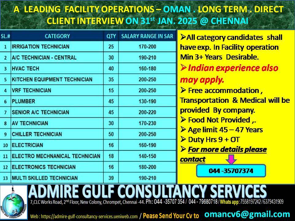 A  LEADING FACILITY OPERATIONS - OMAN - LONG TERM . DIRECT CLIENT INTERVIEW ON 31st jan . 2025