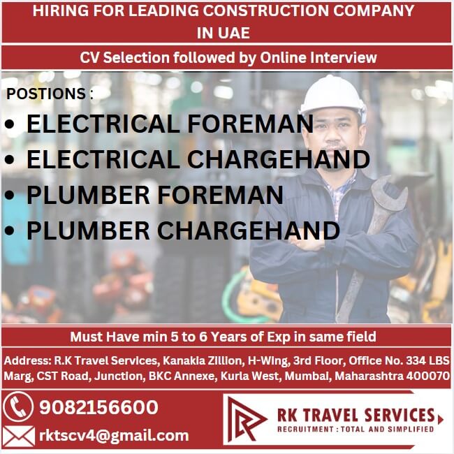 HIRING FOR LEADING CONSTRUCTION COMPANY IN UAE