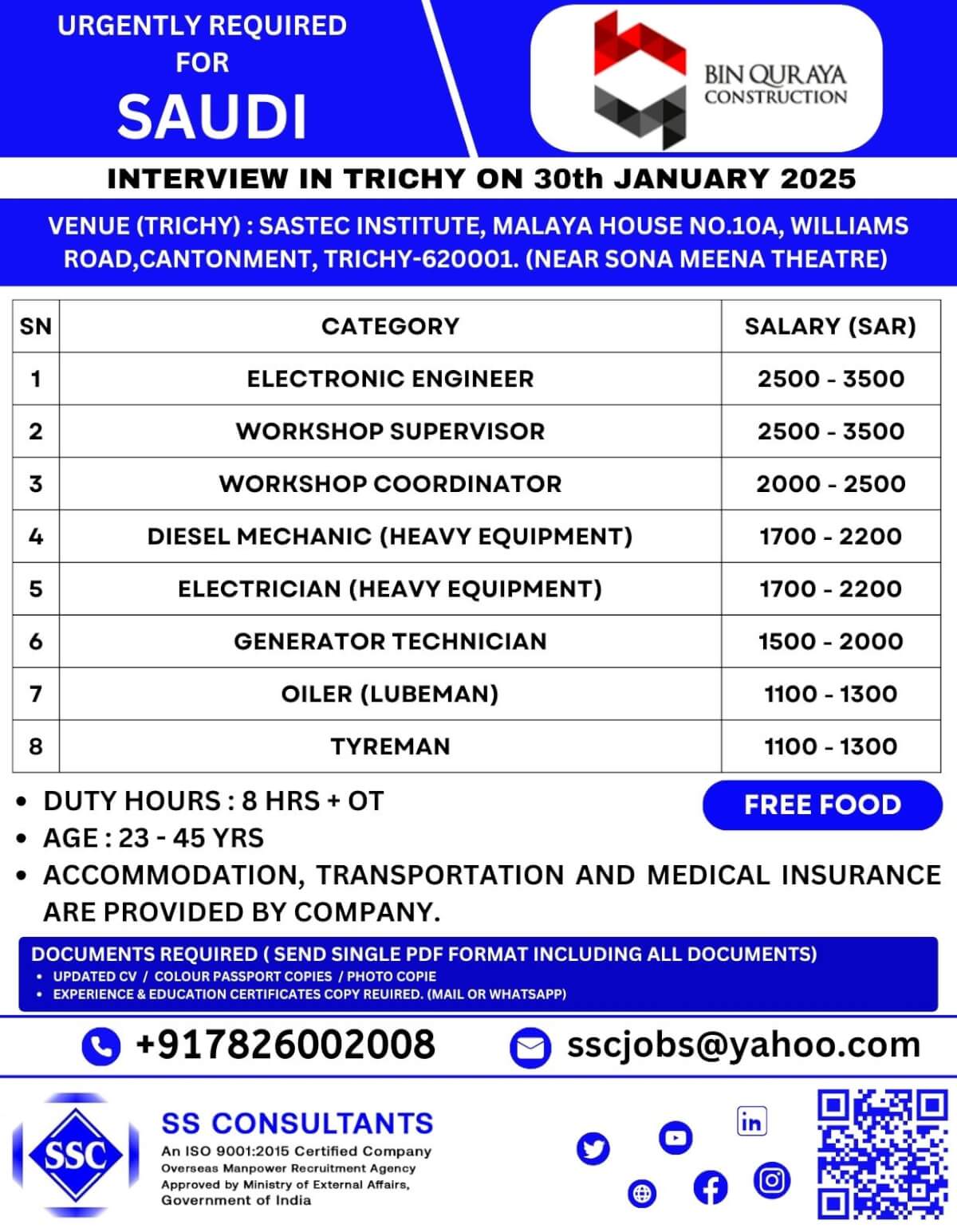 Urgent Hiring for Saudi Arabia - Interviews in Trichy on 30th January 2025 | Multiple Roles with Free Food & Accommodation