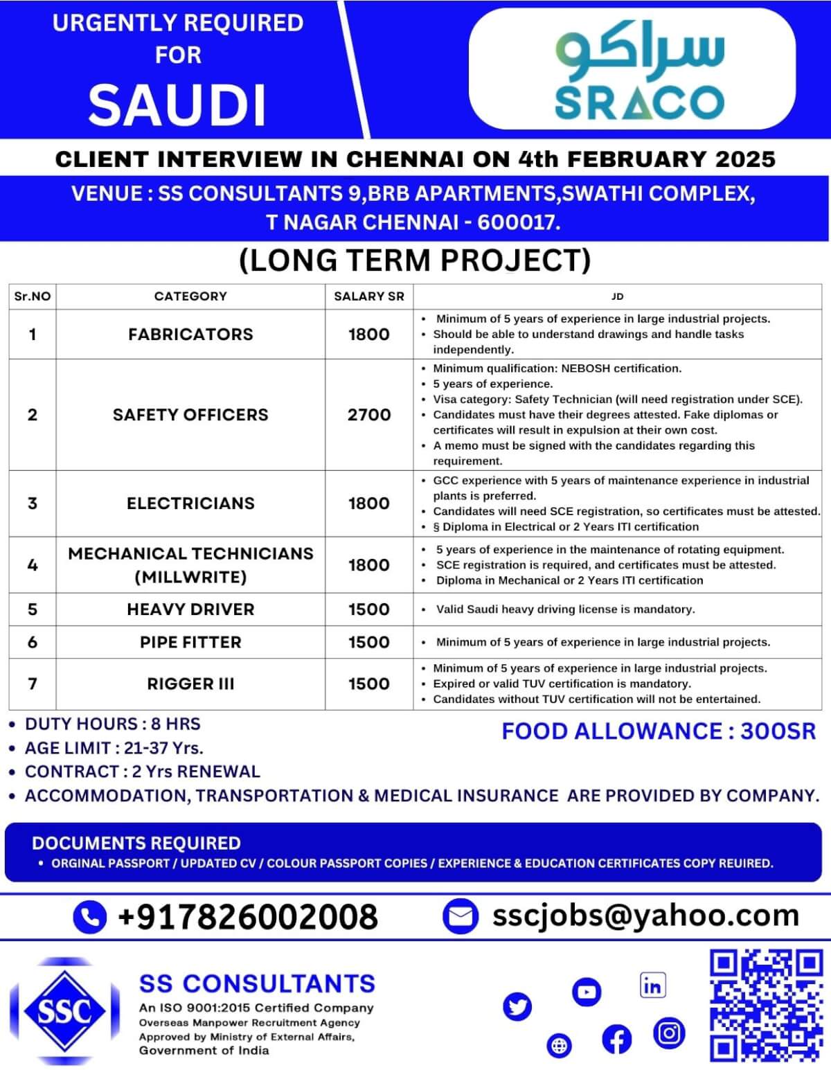 Urgent Job Openings in Saudi Arabia: Client Interviews in Chennai on 4th Feb 2025 - Fabricators, Safety Officers, Electricians & More