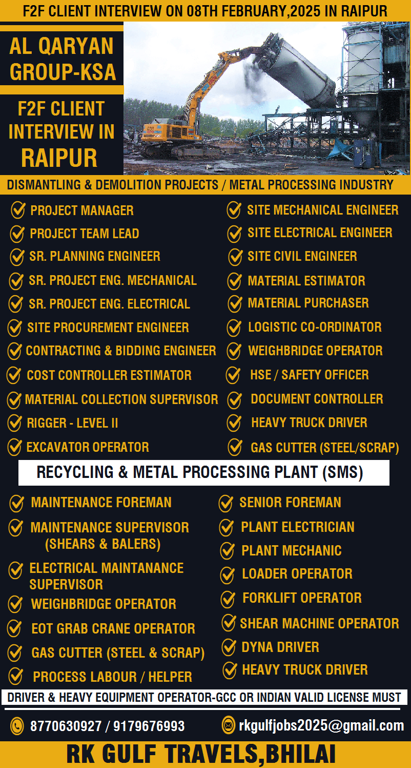 URGENTLY REQUIRED FOR AL QARYAN GROUP – SAUDI ARABIA.