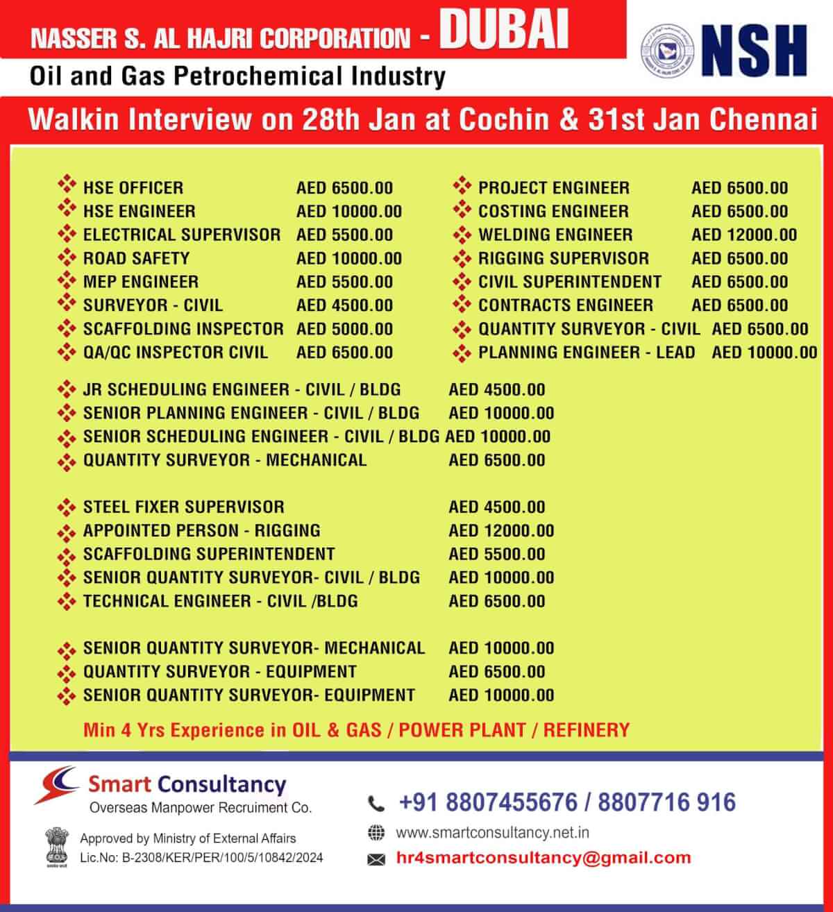 WE ARE HIRING FOR NASSER S. AL HAJRI CORPORATION - DUBAI WALKING INTERVIEW ON 28TH JAN AT COCHIN & 31ST JAN AT CHENNAI