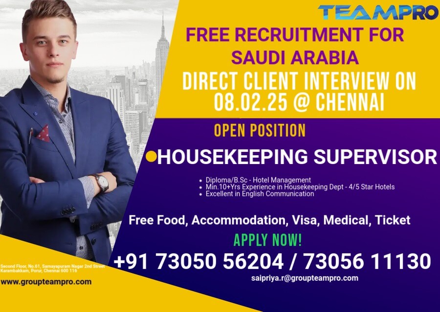 Free recruitment for Saudi Arabia @ Direct interview in Chennai