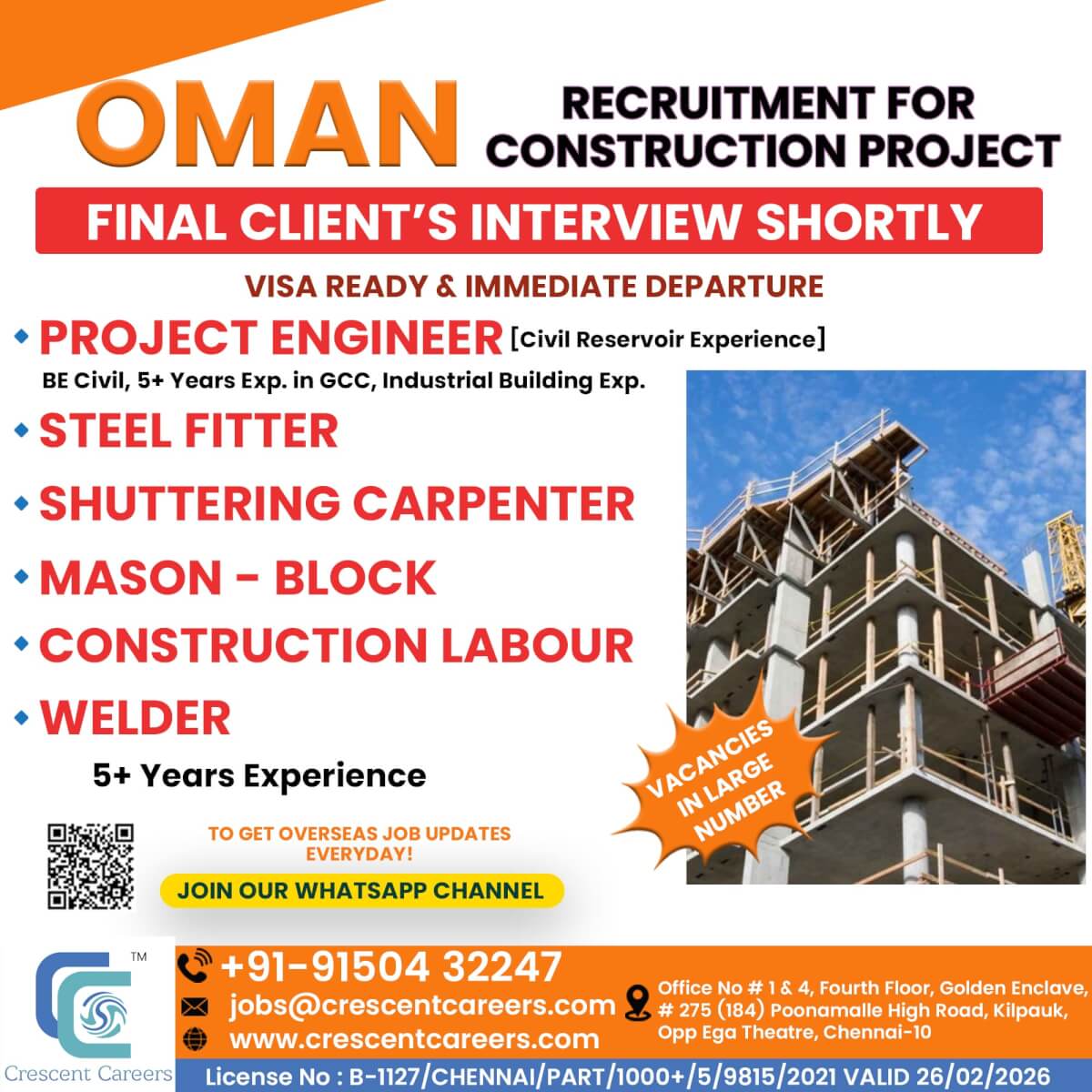 PROJECT ENGINEER / STEEL FITTER / SHUTTERING CARPENTER / CONSTRUCTION LABOUR / MASON-BLOCK / WELDER