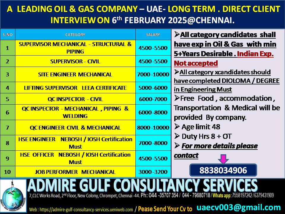 A  LEADING OIL & GAS COMPANY - UAE- LONG TERM . DIRECDT CLIENT INTERVIEW ON 6th FEBRUARY 2025 @ CHENNAI