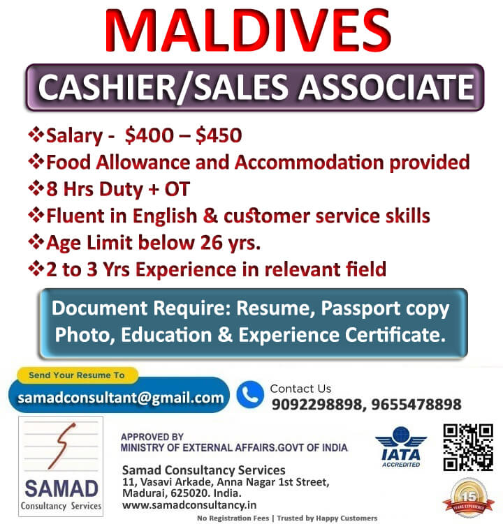 MALDIVES, CASHIER/SALES ASSOCIATE.