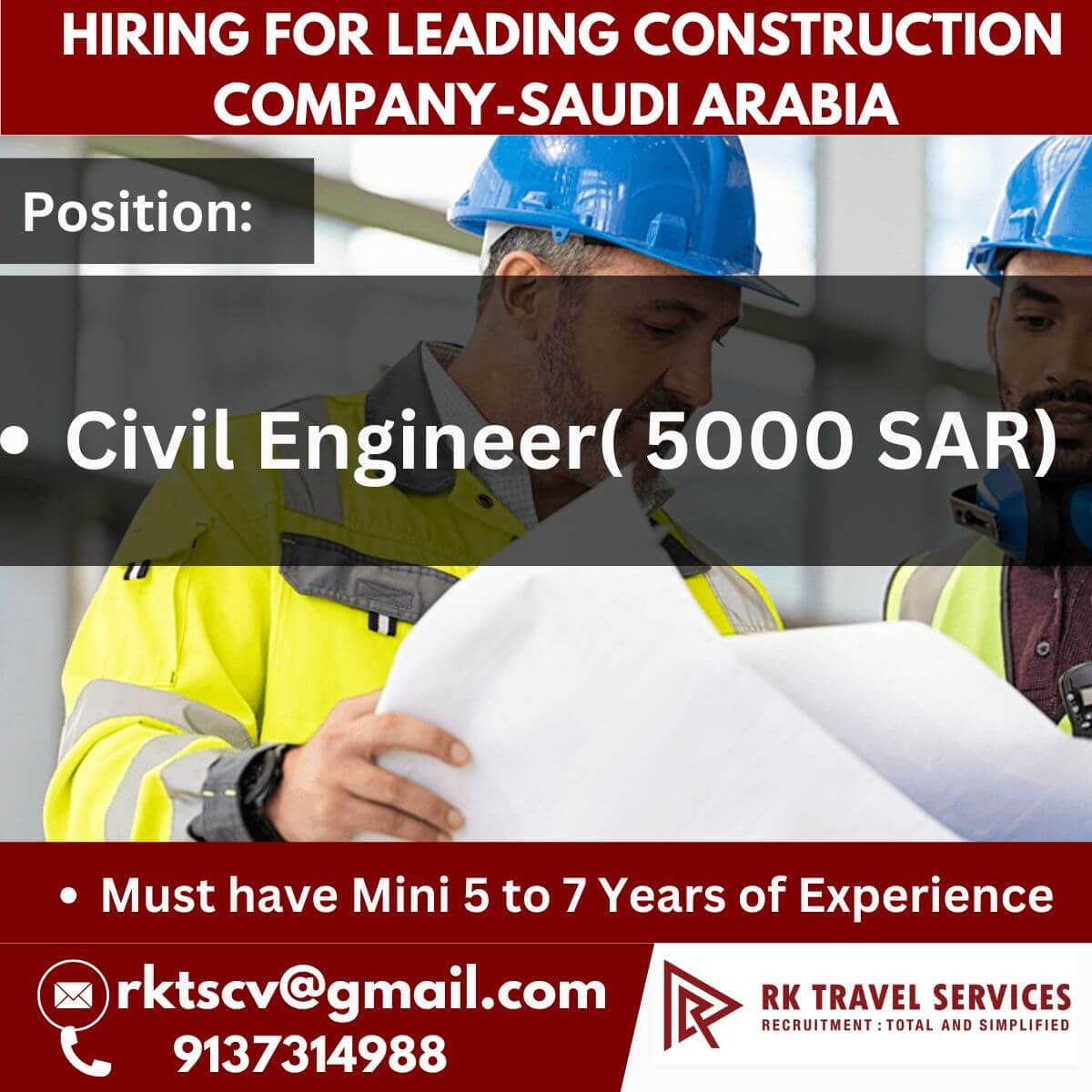 Hiring for leading construction company Saudi Arabia