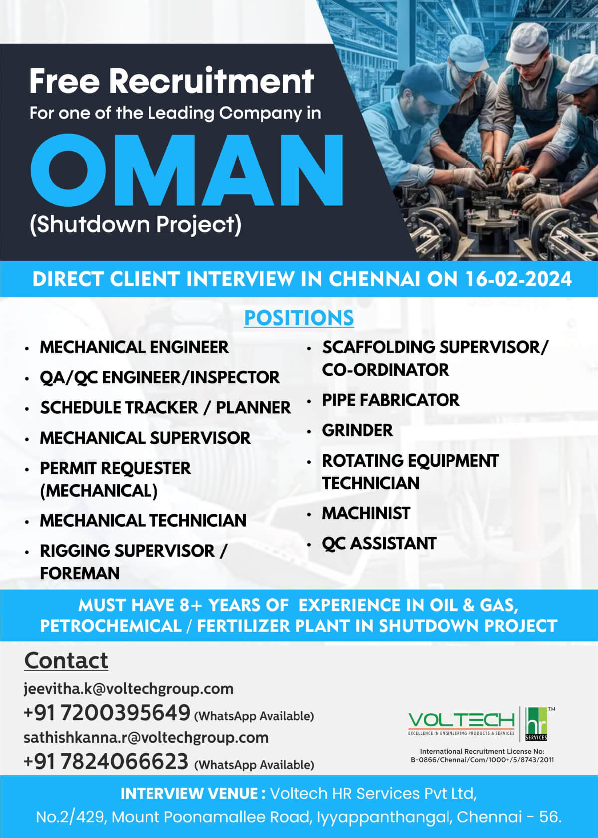 Free Recruitment for one of the leading Company In Oman